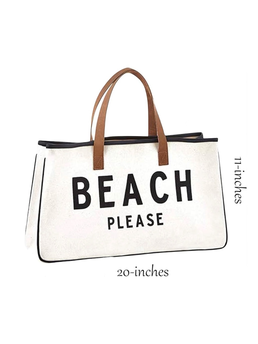 Large White Canvas “BEACH PLEASE” Tote Bag with Tan PU Leather Handles - Picture 3 of 3